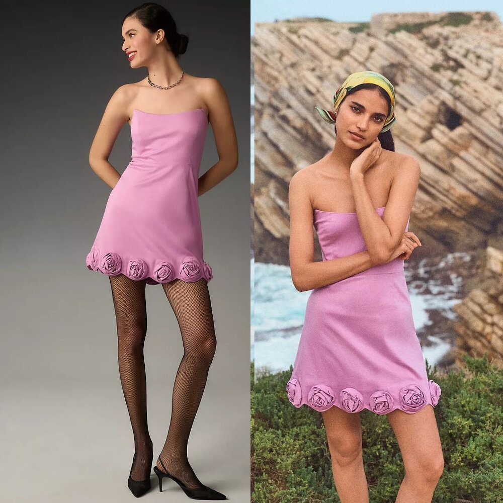 By Anthropologie Maeve Strapless Rosette-Trim Mini Dress M new PINK nwt - Picture 1 of 7